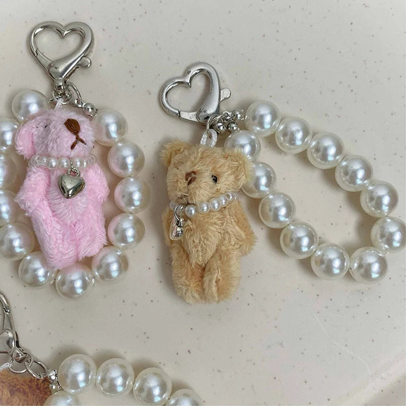 Dospita  -  Plush Teddy Bear Pearl Bracelets Cell Phone Chain Cute Doll Bag Charms Keychain Pendant Girl Heart Hanging Ornament