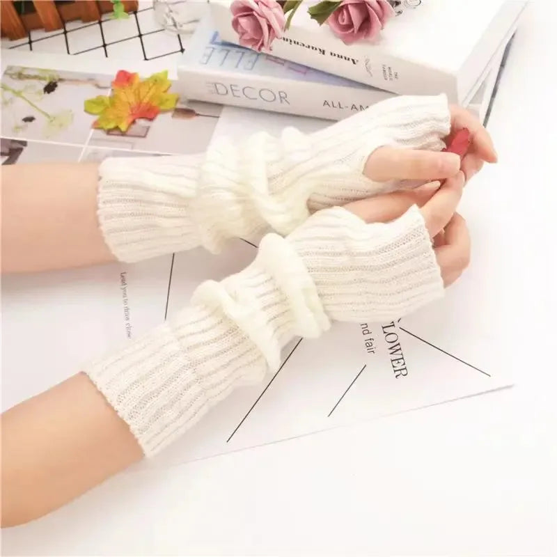 Dospita Y2K Lolita Fingerless Gloves Arm Warmers Gothic Women Knitted Kawaii White Hand Work Gloves Anime Cosplay Ankle Wrist Sleeves