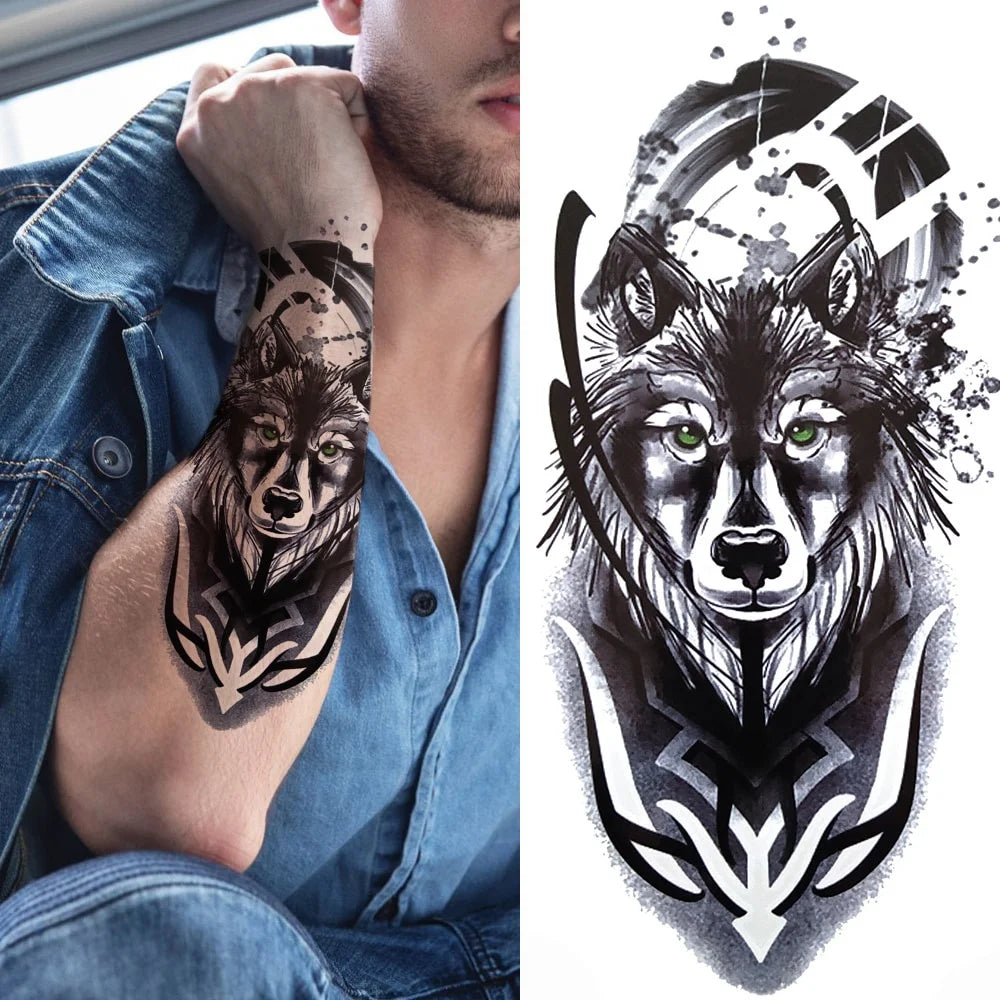 Dospita  -  1 Sheet Black Forest Tattoo Sticker for Men Woman Child Tiger Wolf Skull Flower Temporary Tattoo Skull King Animal Fake Tattoo