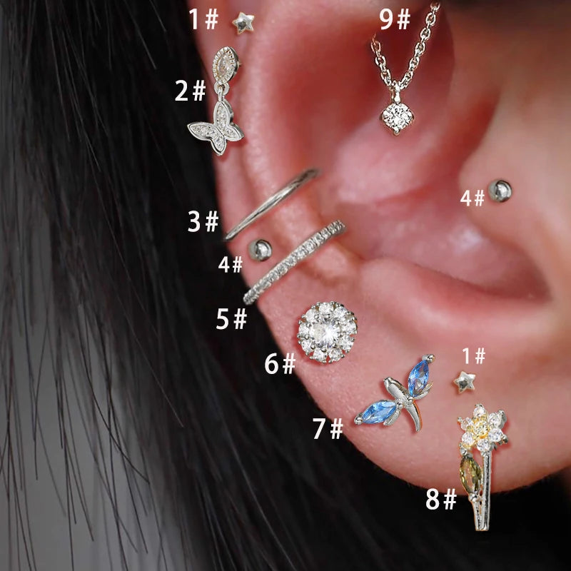 Dospita  -  1pc Tragus Rook Piercing Earring Women Aesthetic Flower Cartilage Ear Helix Star Conch Zircon Butterfly Hoop Earing Body Jewelry