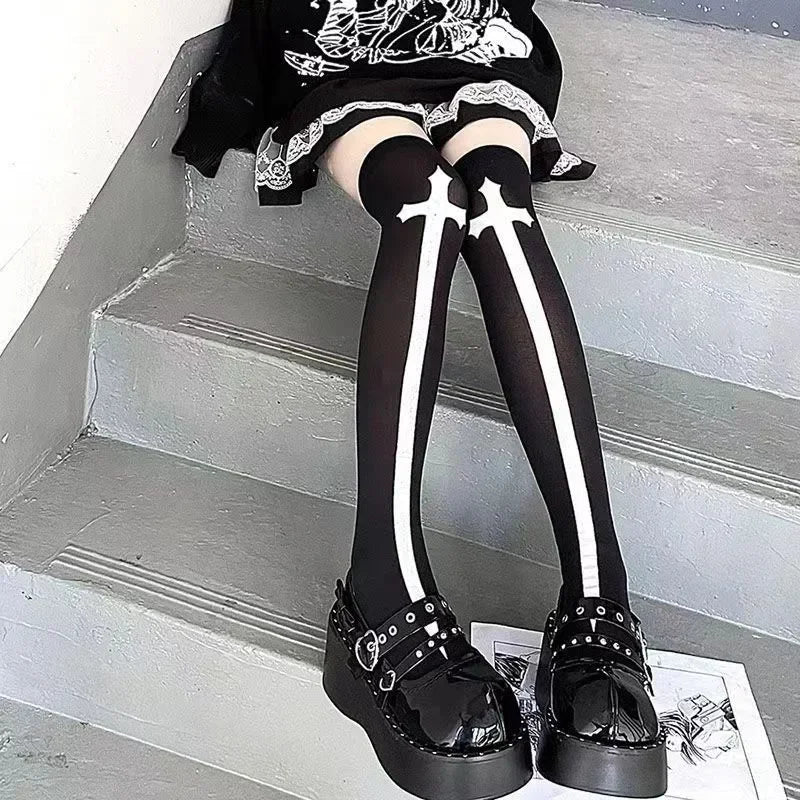 Dospita  -  New Punk Bat Pattern Stockings Women's Gothic Dark Thigh High Long Socks Lolita JK Halloween Cosplay Over The Knee Anime Socks