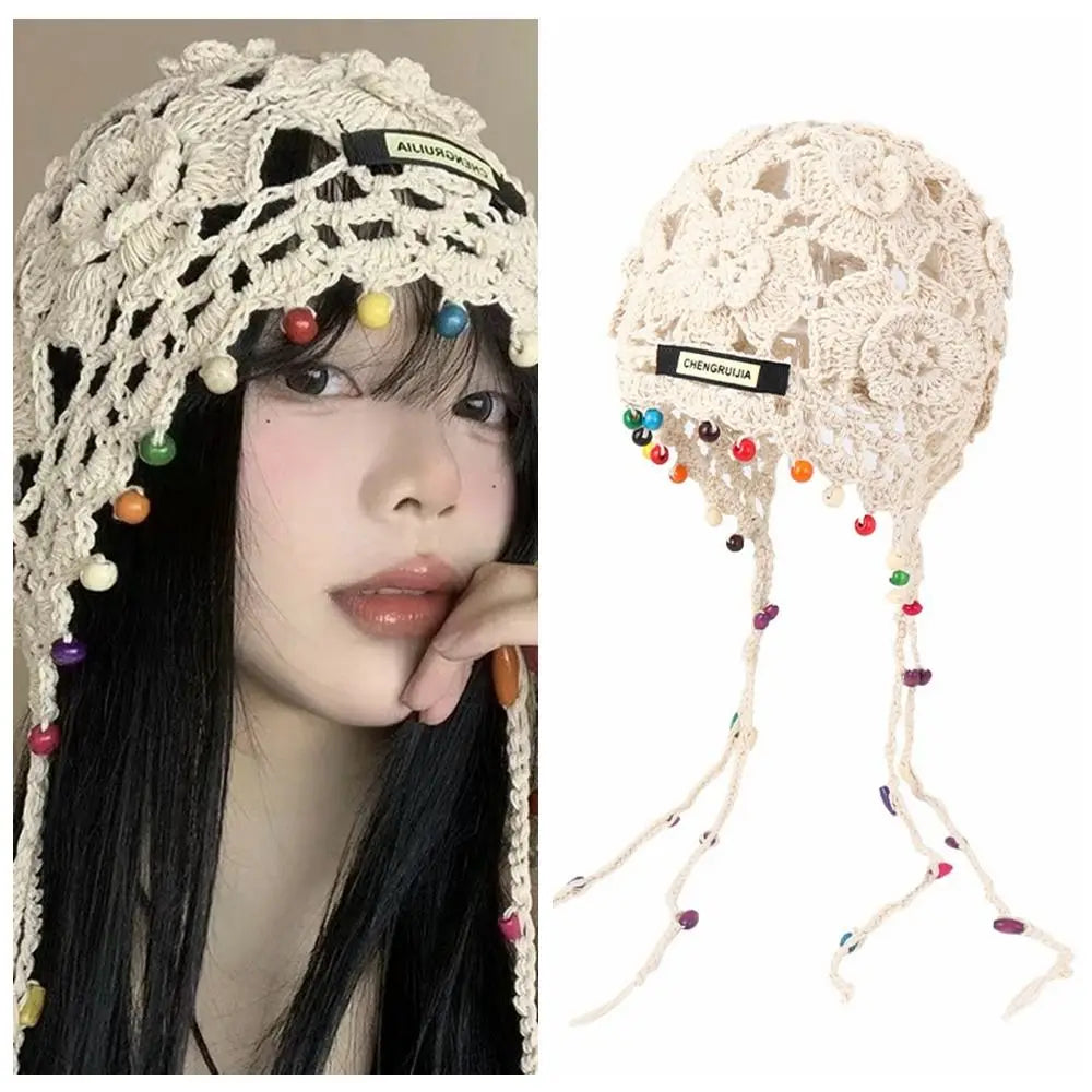 Dospita Crochet Flower Hollow Tassels Knitted Hat Hollow Out Bohemian Style Knit Cap Weave Thin Ethnic Style Hat Apparel Accessories