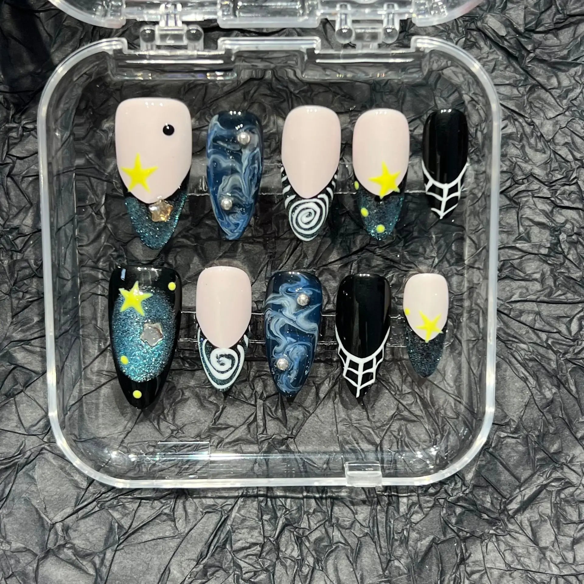 Dospita 10pcs Handmade Press on Nails Hand-painted Blue Planet Fake Nail Tips Ins Black French Almond False Nail Tips for Girl Wearable