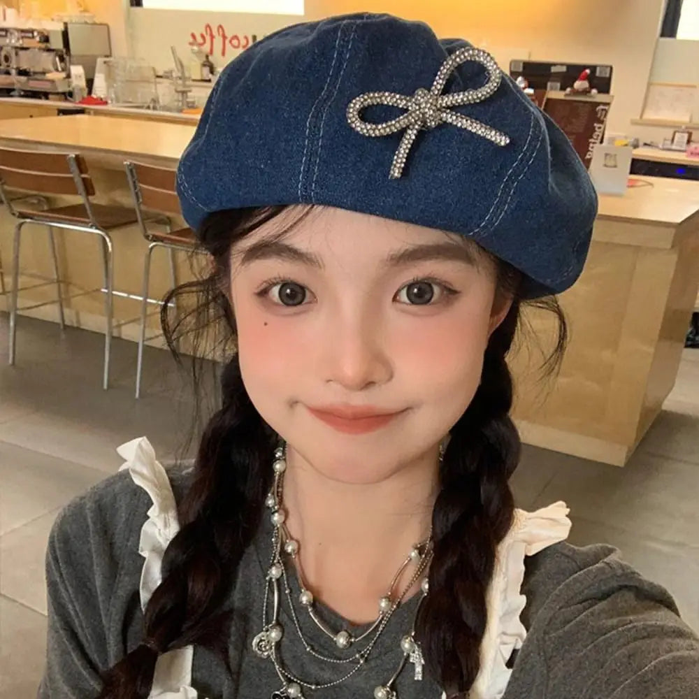 Dospita Japanese Korean Style Pearl Bow Beret Y2K Blue Denim Octagonal Hat Sweet Breathable Cowboy Beret Cap Girls