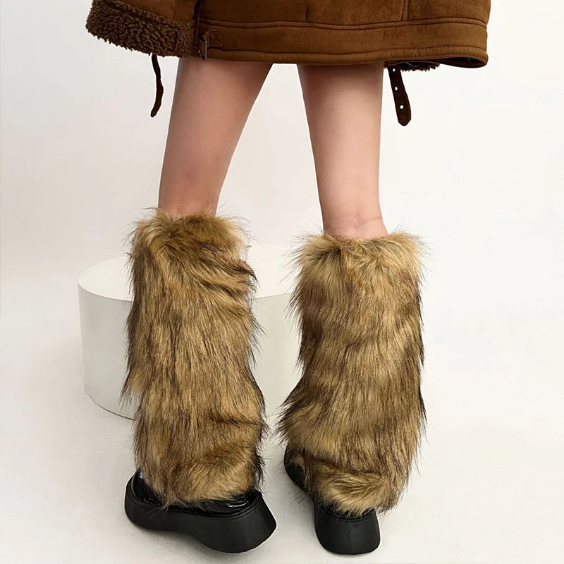 Dospita Vintage Imitation Faux Fur Leg Warmers Retro Modern Y2k Brown Winter Warm Boots Cover Socks Punk Jk Knee-length Party Sock