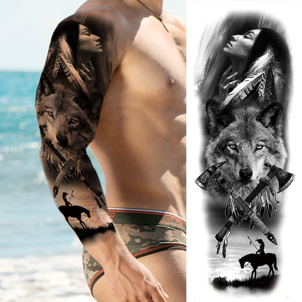 Dospita  -  Black Forest Wolf Temporary Tattoos Sleeve For Men Women Fake Soldier Compass Eye Tattoo Sticker Full Arm Washable Tatoos Sets