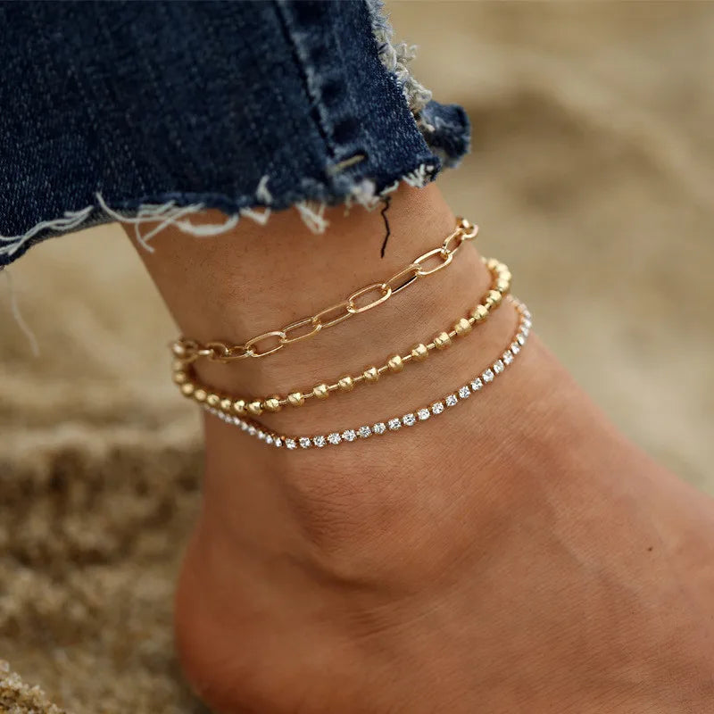 Dospita Bohemian Gold Color Beads Anklets for Women Boho Cubic Zirconia Anklet Bracelet on Leg Summer Beach Jewelry