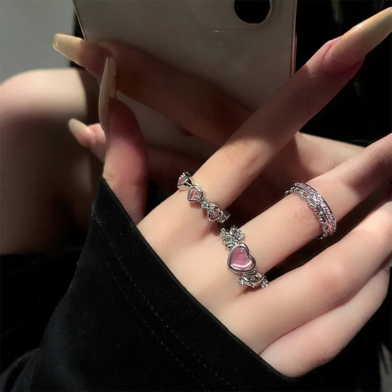 Dospita 3PCS Y2K Irregular Heart Rings for Women Creative Purple Crystal Love Geometric Open Finger Ring Set Trendy Vintage Jewely Gifts