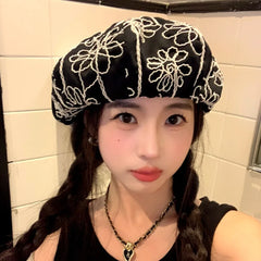 Dospita Flower Embroidered Rose Octagon Hat Vintage Round Dome Beret Y2K Ins Black Flower Beret Outdoor