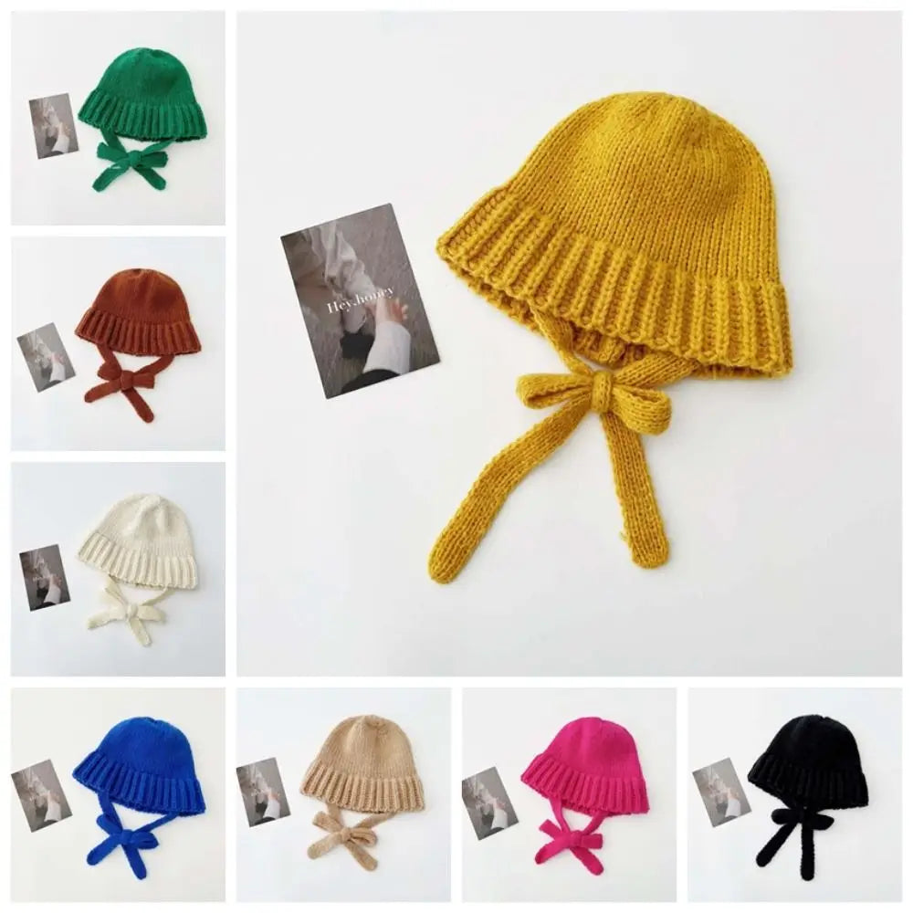 Dospita Casual Bowknot Strap Knitted Hat Wool Hat Korean Crochet Basin Cap Solid Color Warm Cap Knit Beanie Apparel Accessories