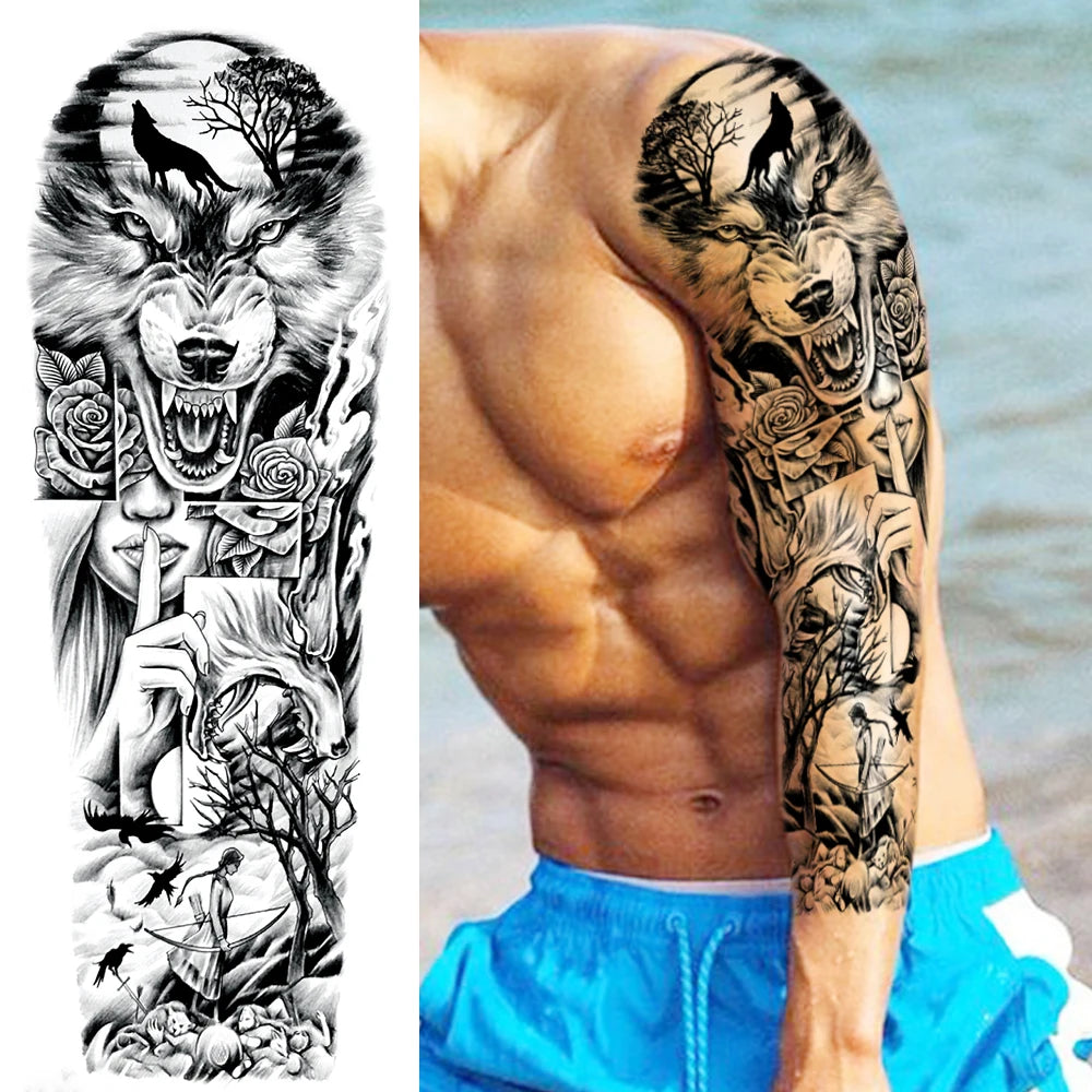 Dospita  -  Black Forest Wolf Temporary Tattoos Sleeve For Men Women Fake Soldier Compass Eye Tattoo Sticker Full Arm Washable Tatoos Sets