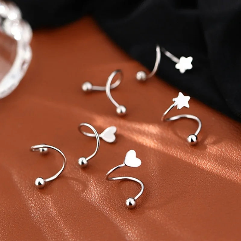 Dospita 2pcs Stainless Steel Spiral Twisted Lip Ring Tongue Piercing Heart Star Ear Cartilage Helix Piercing Stud Earring Jewelry Gifts