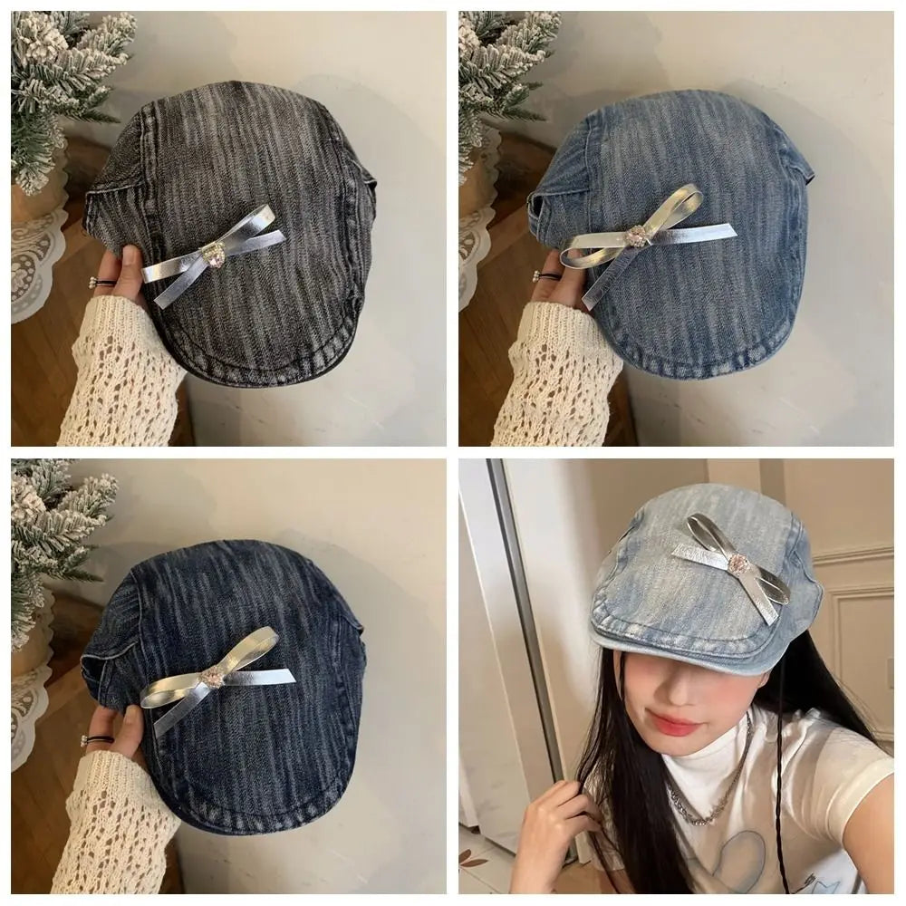 Dospita French Korean Style Y2K Bow Beret Cowboy Retro Denim Painter Hat Streetwear Female Artist Hat Students