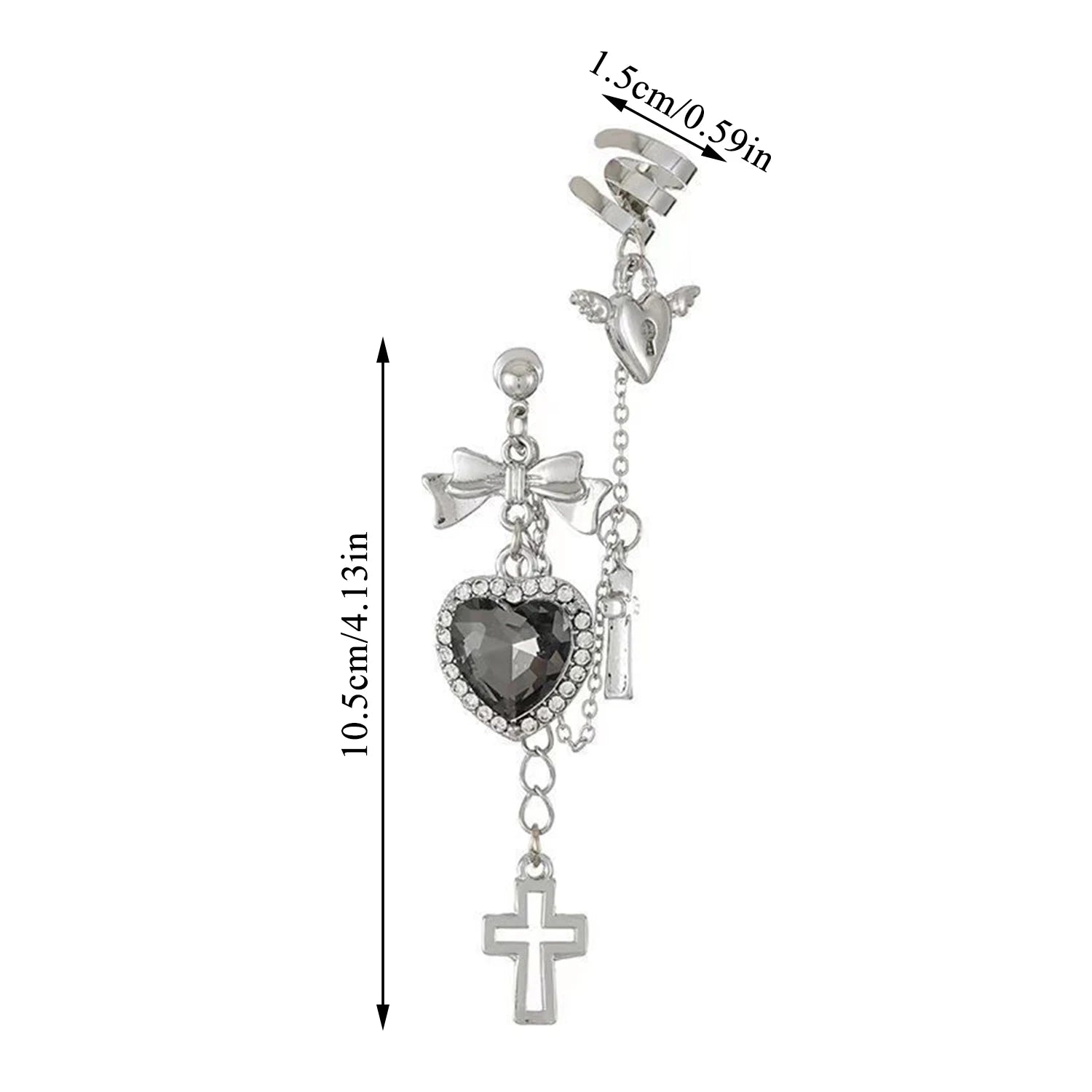 Dospita Punk Gothic Black Crystal Heart Cross Chain Ear Cuff for Men Women Hip Hop Metal Cross Ear Clip On Earrings Jewelry Gift