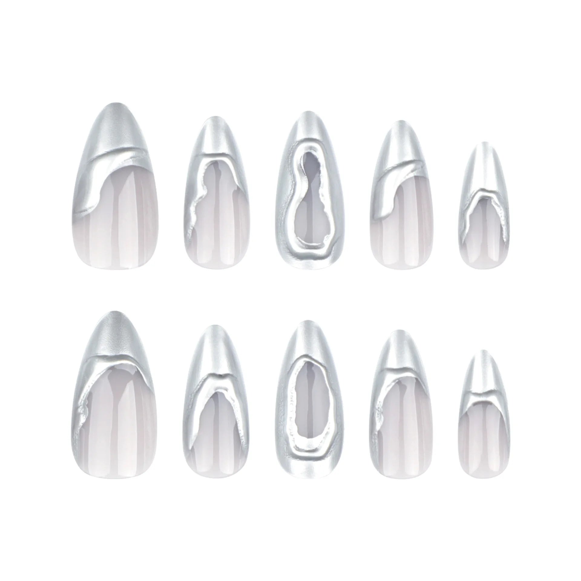 Dospita 24pcs French Sliver Fake Nails 3D Sliver Mirror Design Almond Press on Nails for Girls Full Cover Wearable Y2k False Nail Tips