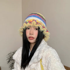 Dospita New Rainbow Gradient Knitted Hat for Women Autumn Winter Soft Warm Faux Fur Bucket Caps Retro Casual Striped Beanies Hats