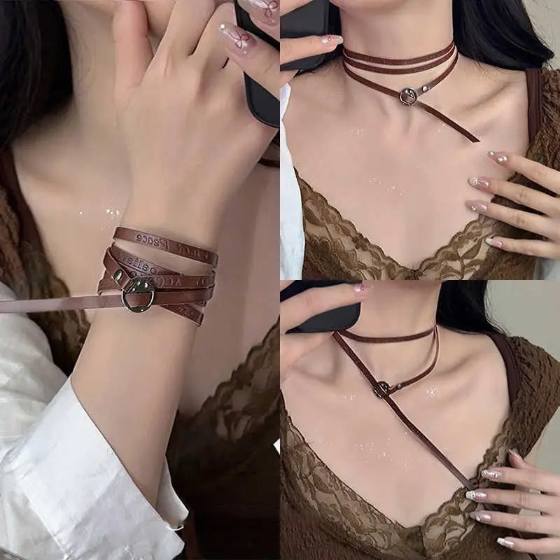 Dospita Maillard Style Brown Artificial Leather Necklace for Women Adjustable Bracelet Multifunctional Choker Waist Chain Trendy Jewelry