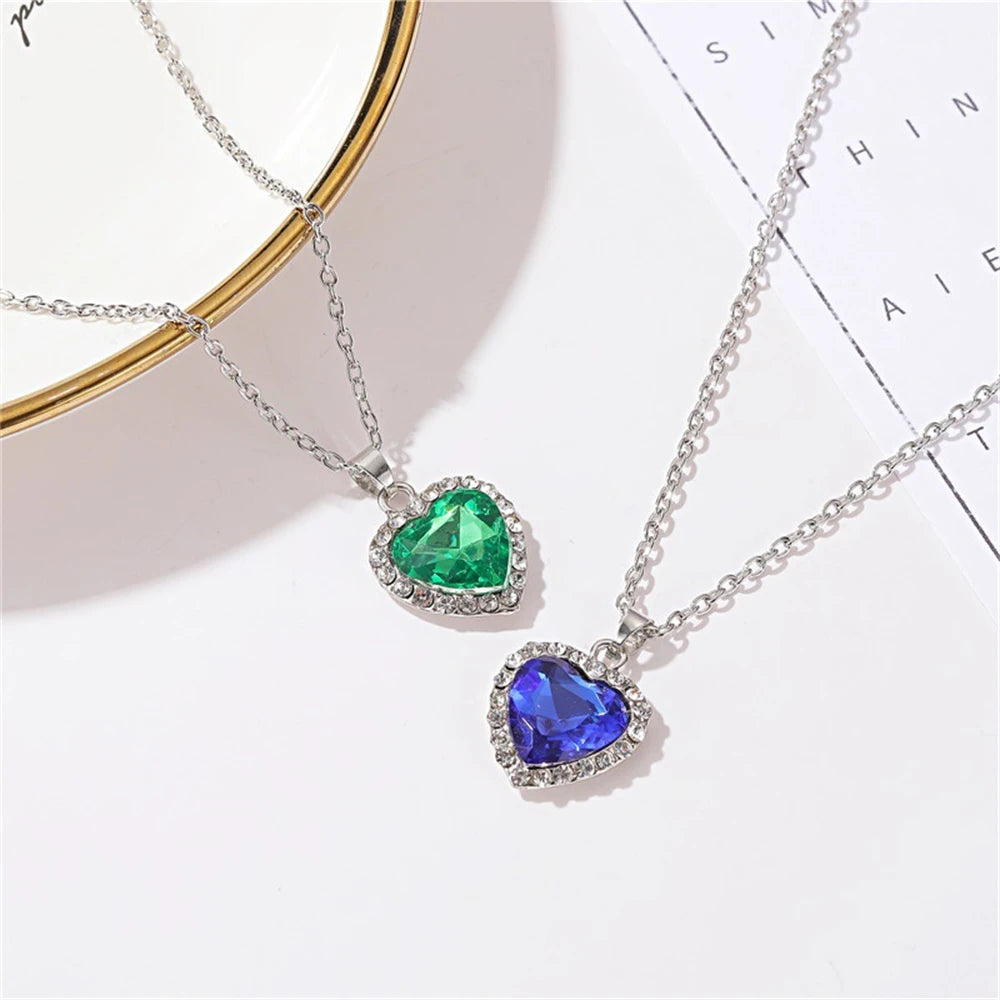 Dospita Simple Heart Shaped Blue Crystal Gemstone Pendant Necklace Women Wedding Party Jewelry