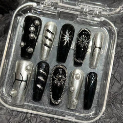 Dospita 10pcs Handmade Press on Nails Punk Heavy Metal European Fake Nails Black Sliver Spider Design Ballet Coffin False Nail Tips