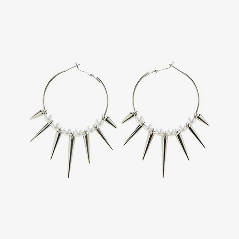 Dospita Grunge Y2K Black Beads Long Spike Hoops Earrings Vintage Kpop Spiky Rivet Big Hoop Huggies Earrings for Parry Egirl Jewelry