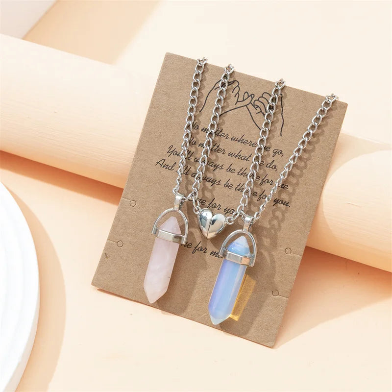 Dospita 1 Pair New Natural Quartz Crystal Hexagonal Column Pendant Necklaces Magnetic Heart Couple Necklace Valentine's Day Gift