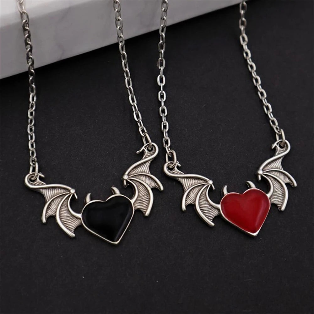 Dospita Gothic Devil Winged Necklace Punk Retro Heart Pendant Clavicle Chain Hip Hop Oil Dripping Choker Collar Necklace Jewelry Gift