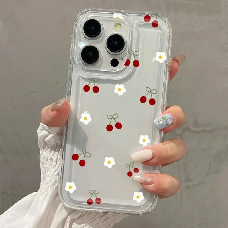 Dospita  -  Cute Cherry & Daisy Phone Case For iPhone 16 15 14 13 12 11 Pro Max X XR 7 8 Plus Transparent Silicone Shockproof Case Cover