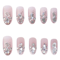 Dospita 24Pcs/Set Nail Art Fake Nails with Diamonds Pink Silver Glitter Wearing Reusable False Nails Long Ballerina Press on Nail Tips