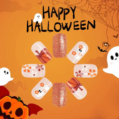 Dospita 24pcs Cute Ghost&Pumpkin Halloween Press-On Nails-Glossy Short Square Fake Nails with Festive Designs False Nail for Women/Girls