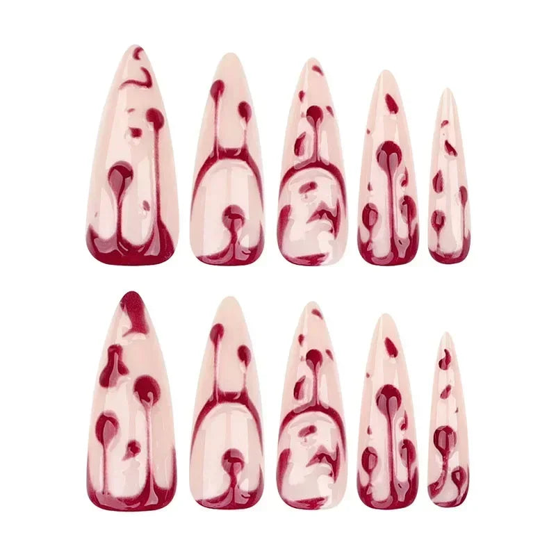 Dospita 24pcs Halloween Glossy Almond-Shaped Press-On Nails Set Long Red Blood Drop Design With 3D Fun Accents Fake Nail For Women&Girls