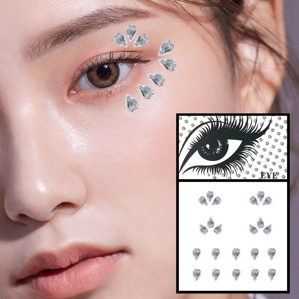 Dospita  -  Red Heart Face Jewelry Temporary Tattoos Eye Forehead Diamonds Jewels Makeup Sticker Sparkle Water Drop Gems Nail Art Festival