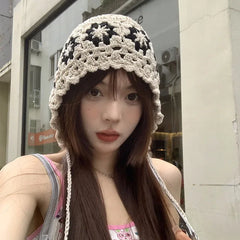 Dospita Japanese Hand-woven Girl Hollow Thin Knitted Bucket Hat Summer Headscarf Hats Cute Breathable Beanie Cap Fashion for Women Caps