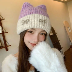 Dospita Retro Contrast Color Cat Ear Knitted Hat Warm Cap Bow Crochet Basin Cap Jennie Style Korean Knit Beanie Warm