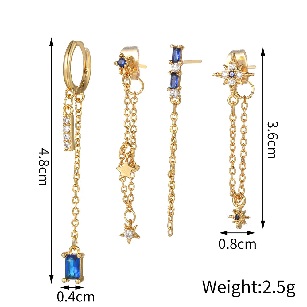 Dospita  -  New Stainless Steel Cubic Zirconia Chain Hoop Earring For Women Blue Star Moon Square Pendant Cartilage Earring Piercing Jewelry