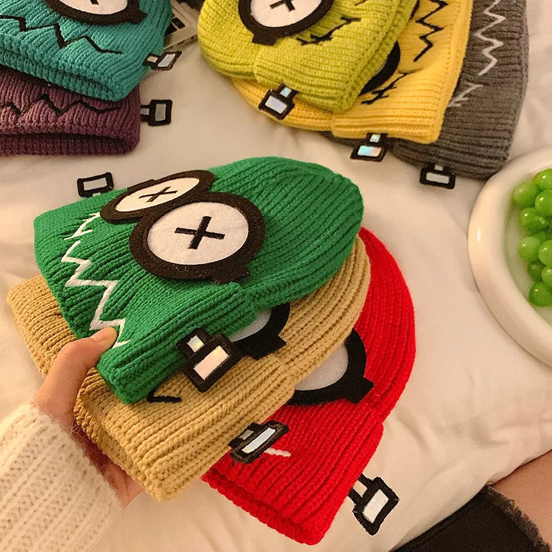 Dospita  -  Kpop Cute Cartoon Cuff Beanie Cap Women's Candy Color Big Eyes Smile Skullies Hat Fashion Streetwear Student Warm Winter Knitted