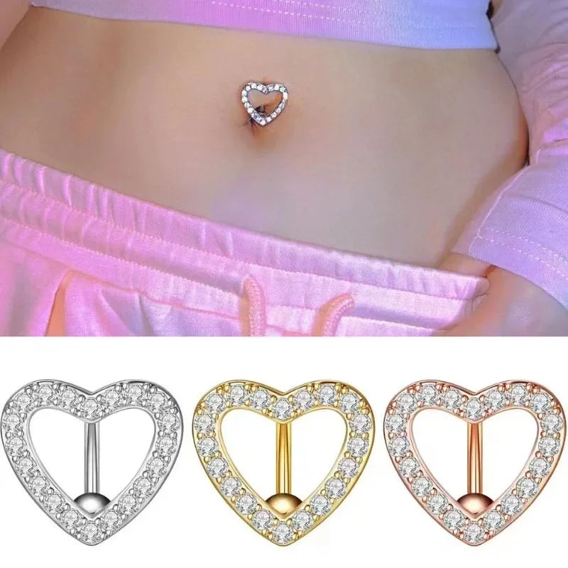 Dospita Crystal Heart Belly Button Rings Stainless Steel Butterfly Belly Ring Cute Pink Navel Barbell Body Piercing Jewelry for Women