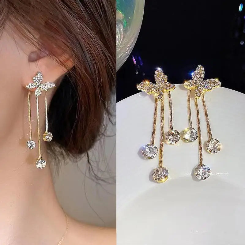 Dospita  -   Needle Purple Butterfly Long Tassel Earrings For Women Jewelry Trending Korean Fashion Luxury Crystal Earrings