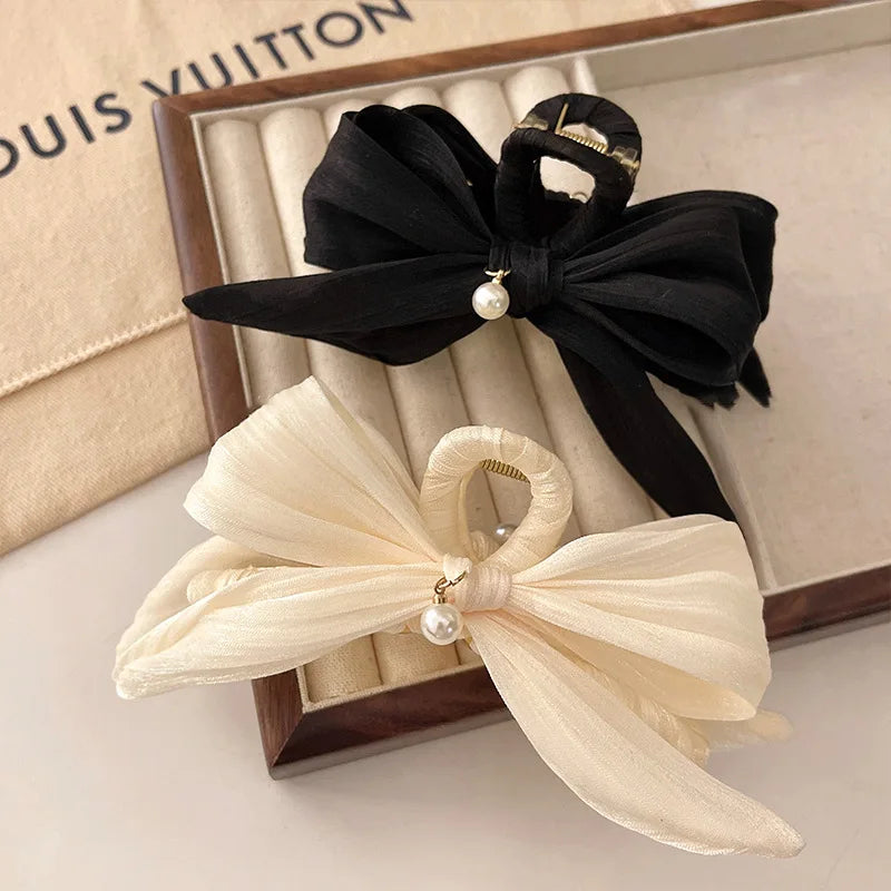 Dospita French Elegance Bow Hair Clip for Women Simple Pearl Hair Claw Clips Large Size Hairpin Korean Autumn Winter Hair Accessories