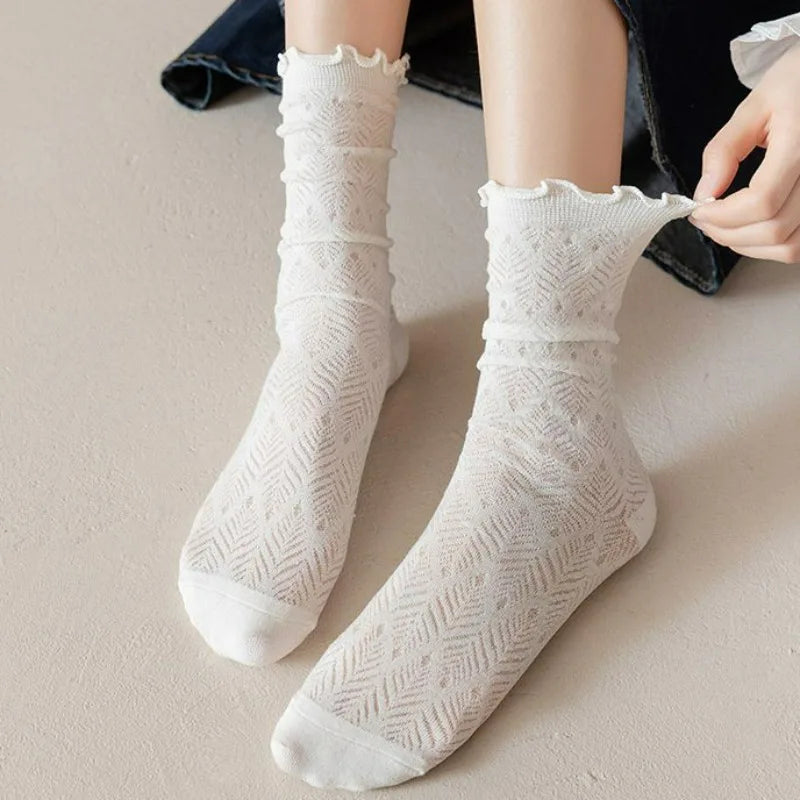 Dospita  -  1/5 Pairs Thin Hollow Socks Women Wooden Ear Edge Pleated Mid-tube Stockings Summer Lace Mesh Breathable Sweet Girls Ruffle Sock