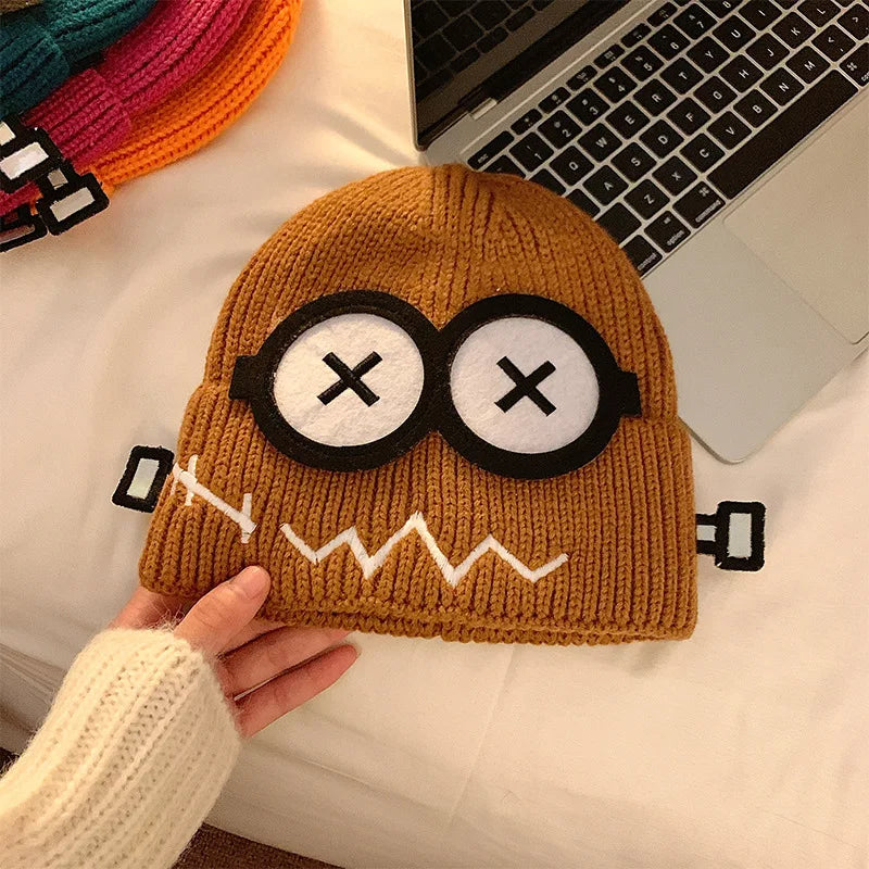 Dospita  -  Kpop Cute Cartoon Cuff Beanie Cap Women's Candy Color Big Eyes Smile Skullies Hat Fashion Streetwear Student Warm Winter Knitted