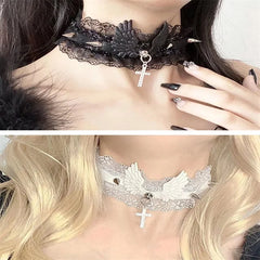 Dospita  -  Retro White Punk Rivet Collar Choker Women Sexy Lace Cross Pendants Gothic Girl Neck Jewelry Accessories