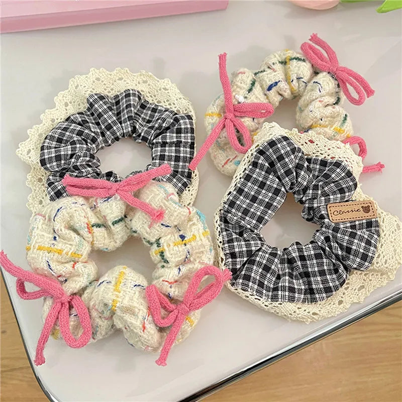 Dospita Korean Sweet Tweed Plaid Pink Bow Romantic Hair Scrunchies Women Ties Rubber Band Girls Ponytail Holder Hair Accessories