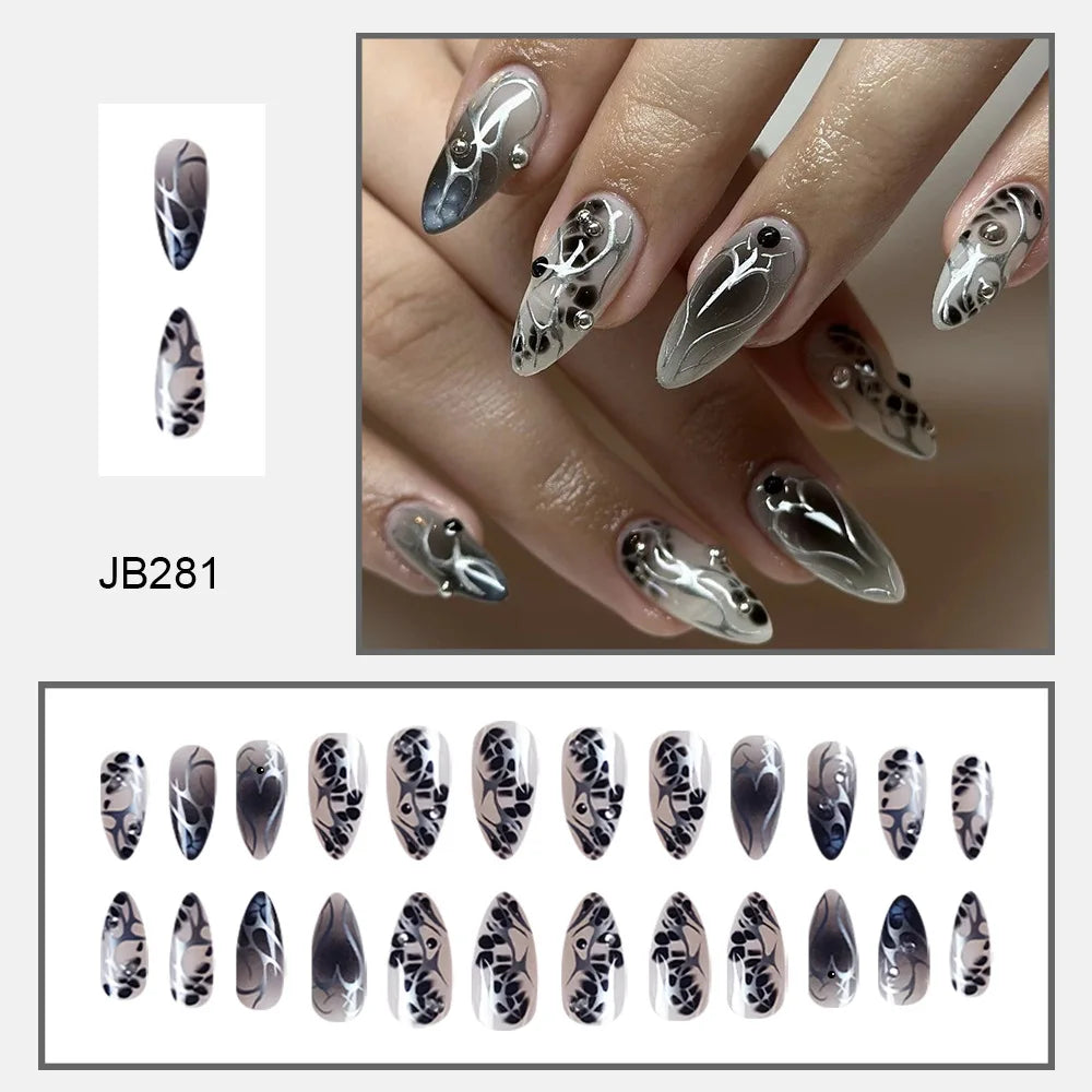 Dospita Wearable Y2k Cool False Nails Long Almond Tricolor Fake Nails Fashion Nail Tips Press On Round With Silver Stripes Beads Designs