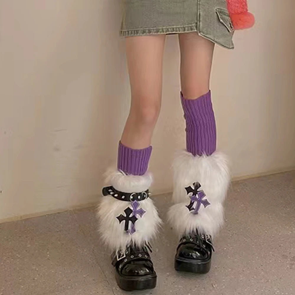 Dospita Furry Leg Warmers Set Y2K Goth Pink Faux Fur Cross Leg Warmers Boot Covers Lady Cute Jk Knee-length Hipster Warm Star Socks