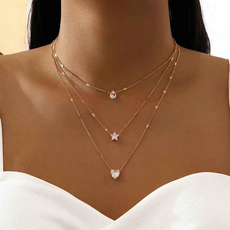 Dospita  -  Crystal Zircon Heart Star Charm Layered Pendant Necklace Set for Women Charms Fashion Square Rhinestone Female Vintage Jewelry