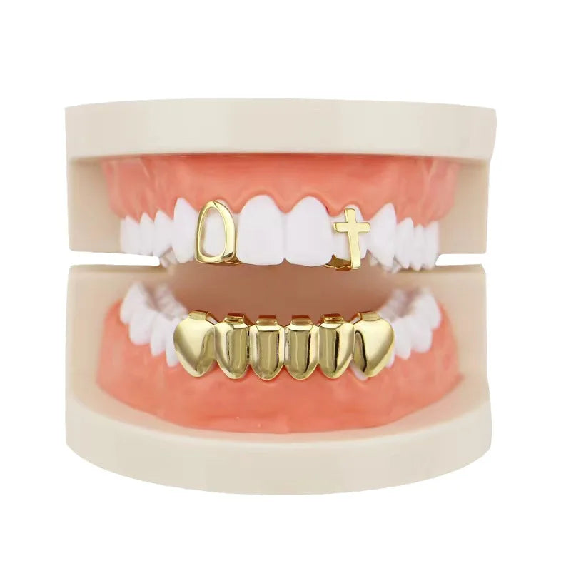 Dospita Hip Hop Hollow SingleVampire Teeth Grillz For Women Men Gold Plated Cross Tooth Caps Decor Jewelry Party Gift ﻿