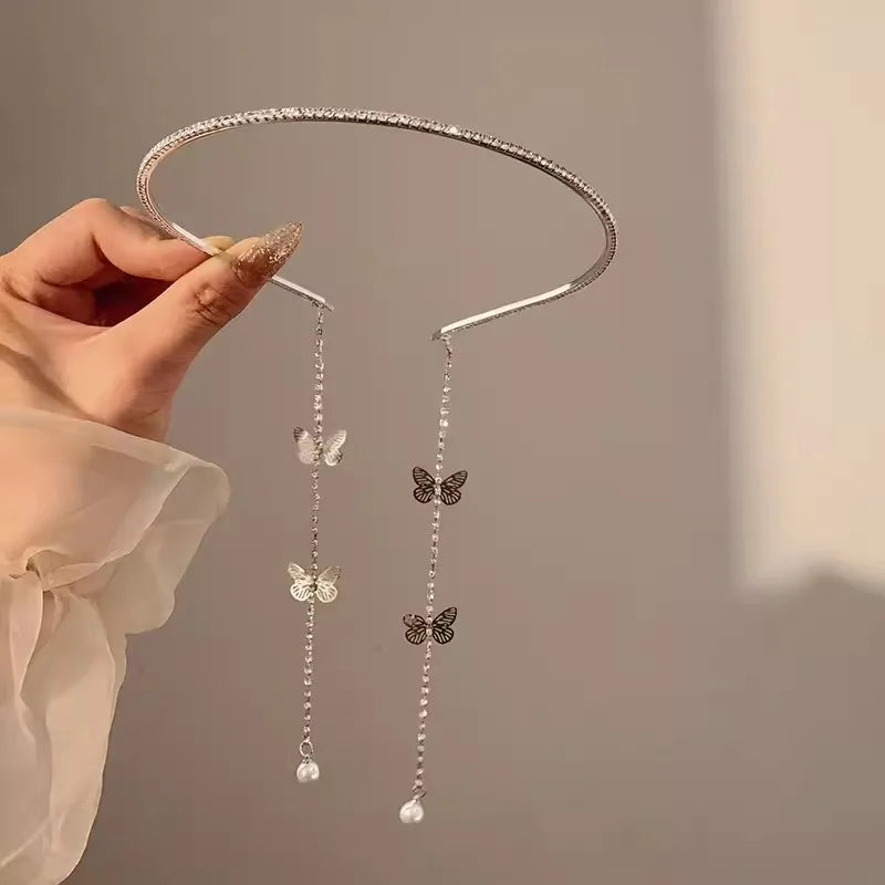 Dospita  -  Crystal Butterfly Hairbands for Women Korean Rhinestone Long Tassel Pearl Chain Headband Headwear Weddding Hair Hoop Jewelry