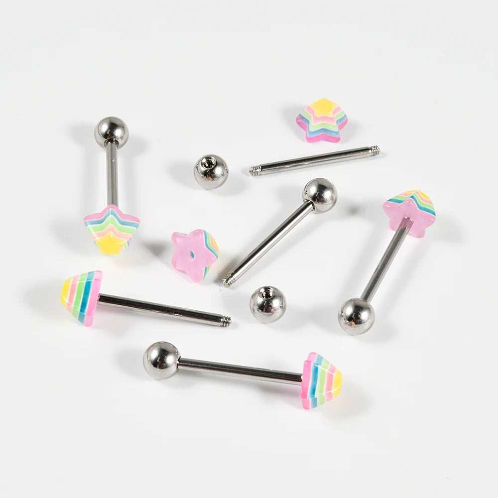 Dospita 1pcs Rainbow Pyramid Conical Star Tongue Rings Stainless Steel Multicolor Tongue Studs Barbell Piercing Body Jewelry 14G