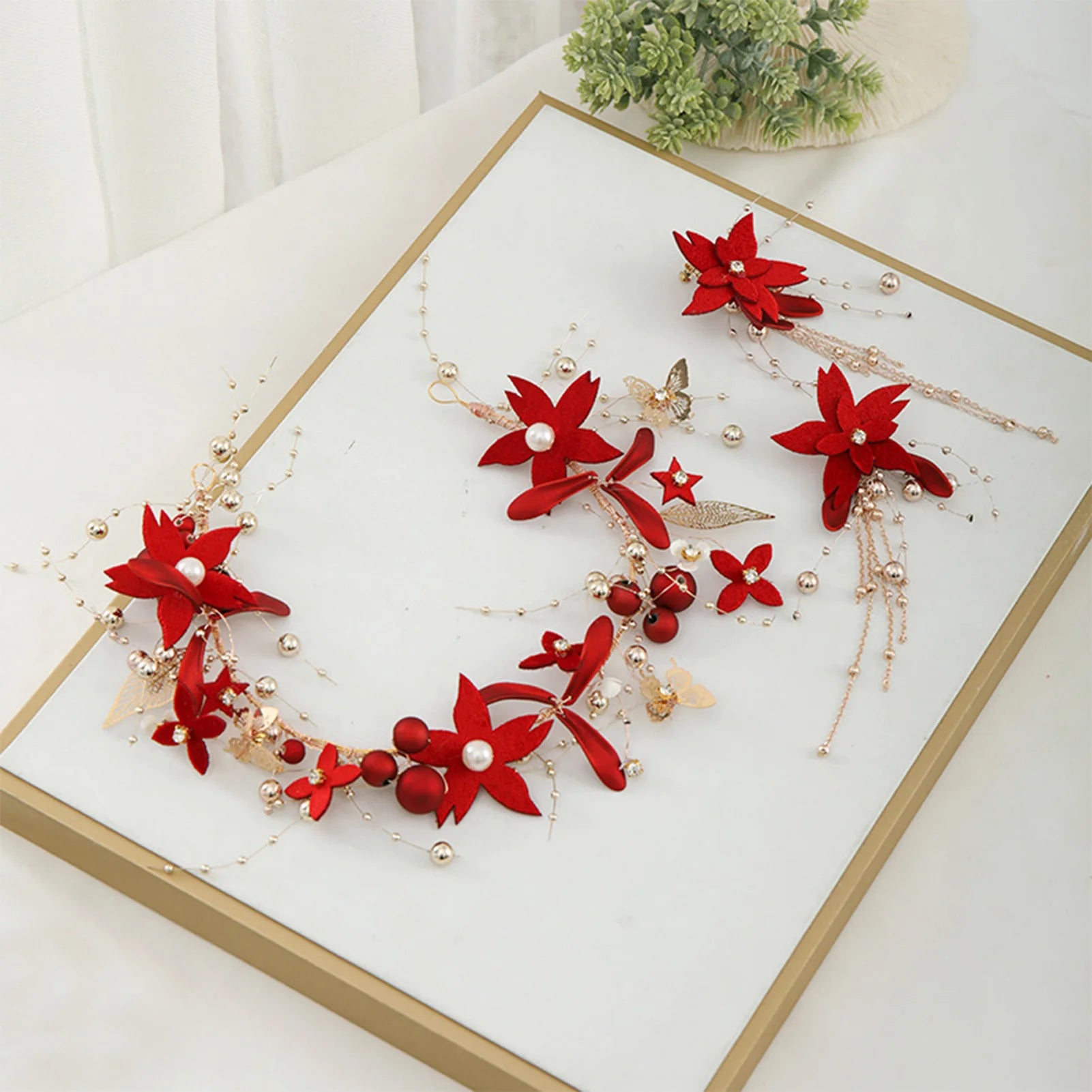 Dospita Red Flowers Headband Hairpins Earring With Tassel Set Handmade Chinese Style Hairband Bridal Wedding Hair Accessories Headdress