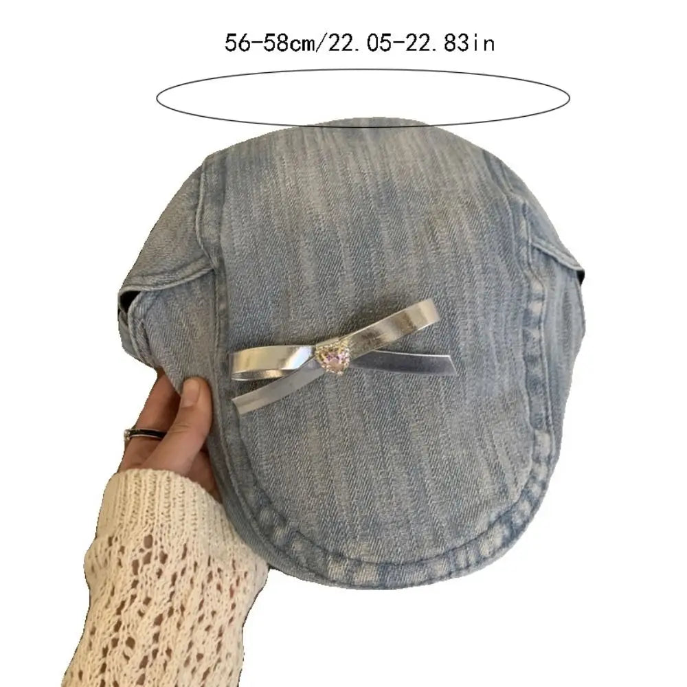 Dospita French Korean Style Y2K Bow Beret Cowboy Retro Denim Painter Hat Streetwear Female Artist Hat Students